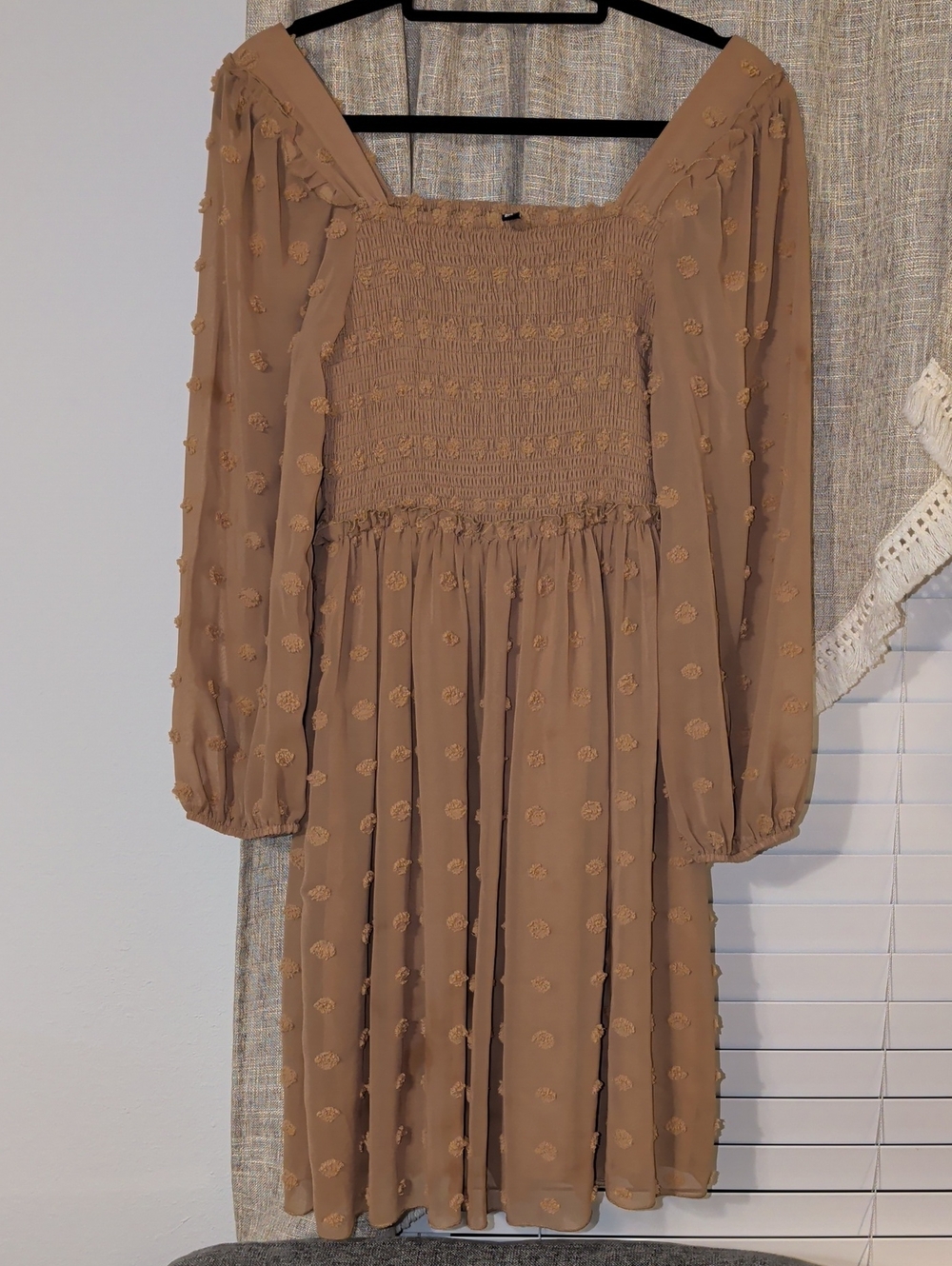 Women's Long-Sleeve Smocked Midi Dress in Camel
